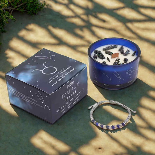 Bougie zodiaque Taureau constellation avec bracelet lapis lazuli et agate mousse Art du Tibet.