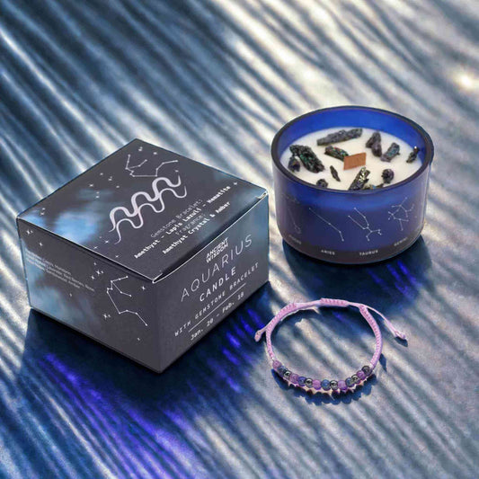 Bougie zodiaque Verseau constellation avec bracelet améthyste lapis lazuli et hématite Art du Tibet.