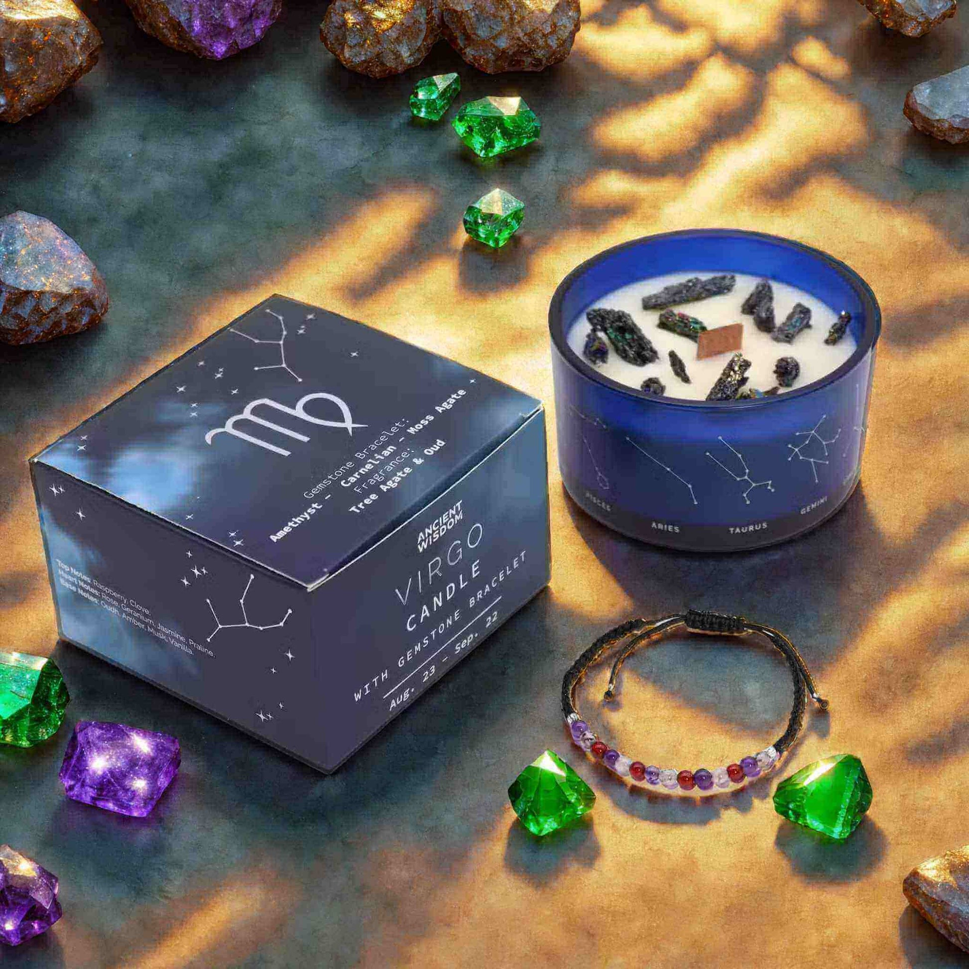 Bougie zodiaque Vierge constellation avec bracelet améthyste cornaline et agate mousse Art du Tibet