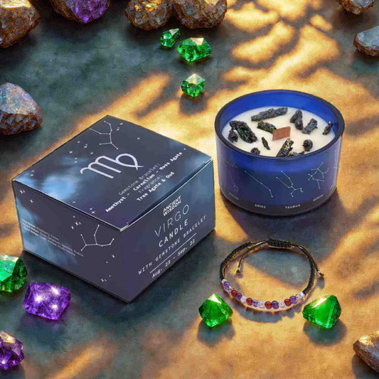 Bougie zodiaque Vierge constellation avec bracelet améthyste cornaline et agate mousse Art du Tibet