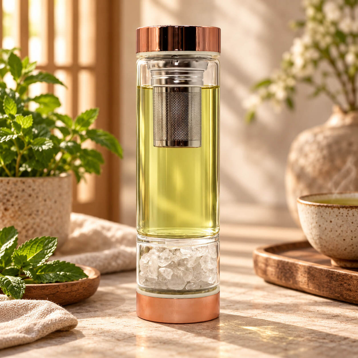 Bouteille à thé en verre avec infusion verte et éclats de cristal de roche à la base