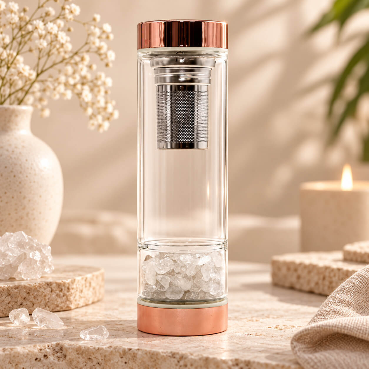 Bouteille à thé en verre avec finition or rose, infuseur inox et éclats de cristal de roche à la base