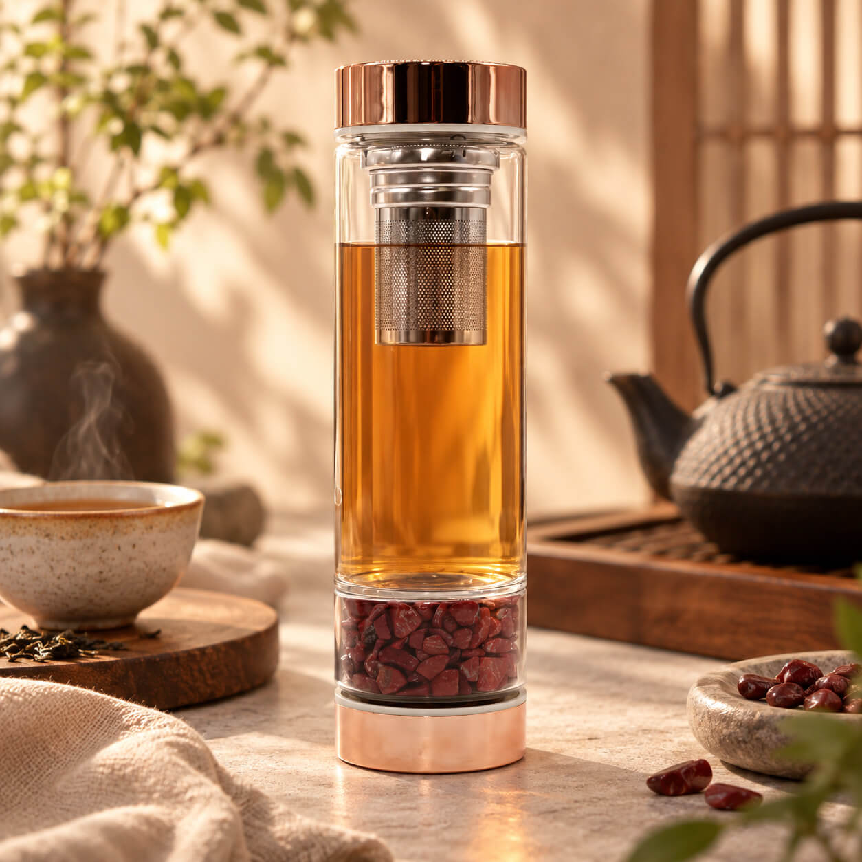 Bouteille à thé en verre avec finition or rose, infuseur inox et thé infusé bien visible