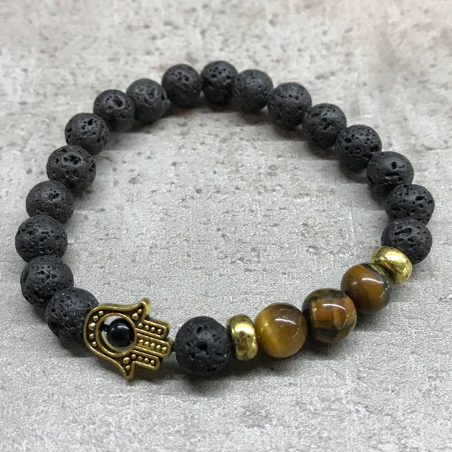 Bracelet Hamsa en Pierre de Lave et Œil de Tigre : Protection et Force