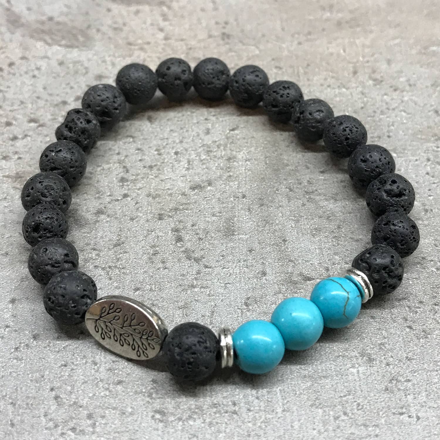 Bracelet Pierre de Lave, avec Feuille et pierre Turquoise : Sérénité et Renouveau