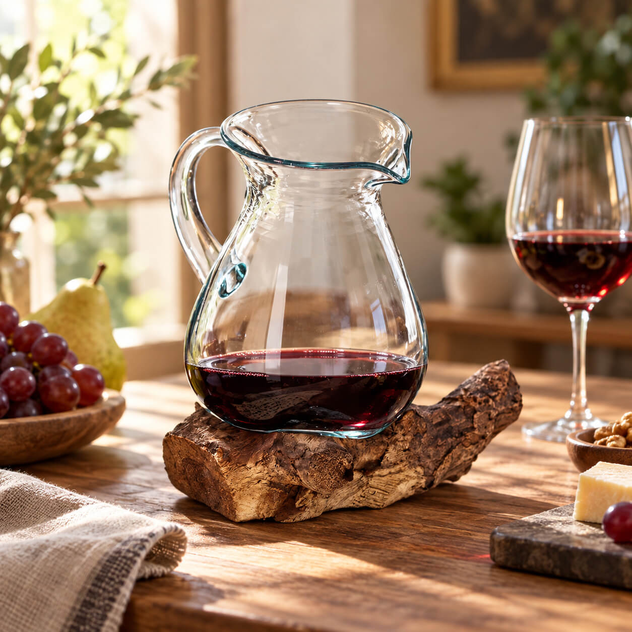 Carafe en verre soufflé sur socle en bois remplie de vin rouge, avec un plateau de fromage et de raisins