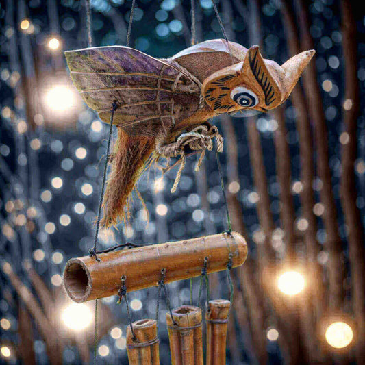Carillon à vent bambou et noix de coco hibou sculpté création artisanal.