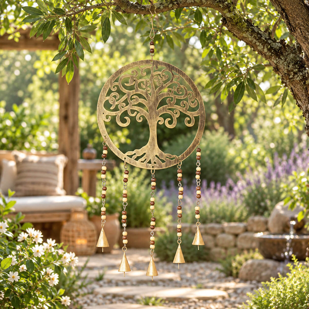 Carillon à vent arbre de vie en métal doré avec perles en bois et clochettes, décoration jardin spirituelle