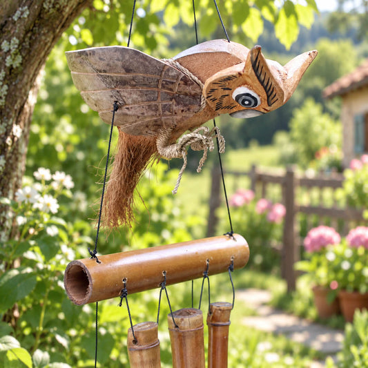 Gros plan sur le hibou en fibre de coco sculptée du carillon en bambou, finition artisanale