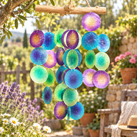 Carillon à vent en disques nacrés dégradés violet, bleu et vert suspendus à une branche de bois flotté