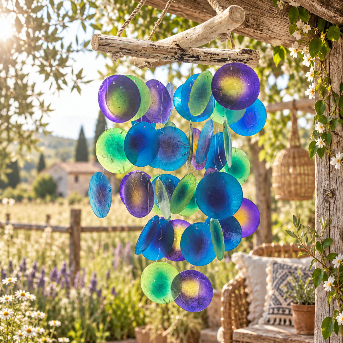Vue rapprochée du carillon en disques nacrés multicolores, effet dégradé façon vitrail dans un jardin fleuri