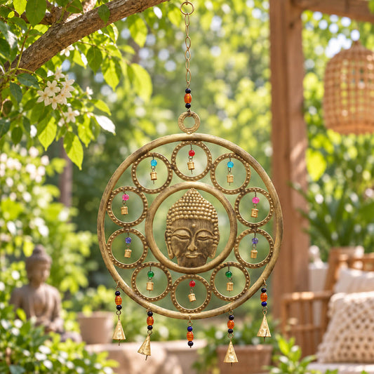 Carillon à vent mandala en laiton avec visage de Bouddha central, clochettes et perles multicolores