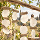 Gros plan sur les disques nacrés blancs et les brindilles de bois flotté du carillon, ambiance jardin provençal