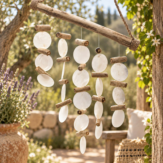 Carillon à vent en disques de nacre blanche et segments de bois flotté naturel, décoration bohème