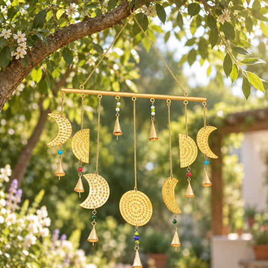 Carillon à vent phases de la lune en laiton martelé avec clochettes et perles multicolores, suspendu à un arbre