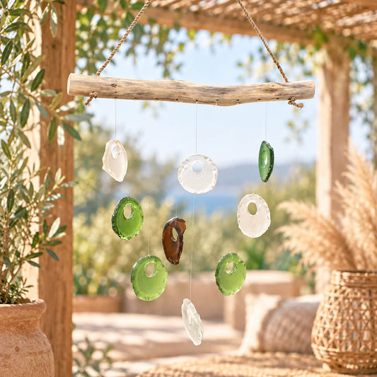 Carillon à vent en anneaux de verre recyclé vert, ambre et transparent suspendu à une branche de bois flotté