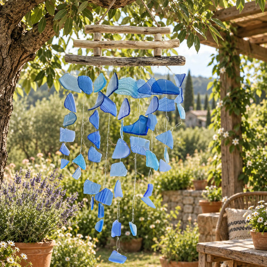 Vue rapprochée du carillon en verre bleu recyclé, dégradé du bleu pâle au bleu marine, suspendu sous un arbre