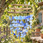 Carillon à vent en verre recyclé bleu dégradé sur structure à trois barres de bois flotté, décor jardin provençal