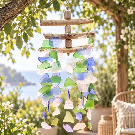 Carillon à vent en verre recyclé multicolore (bleu, vert, rose, blanc) sur structure à trois barres de bois flotté