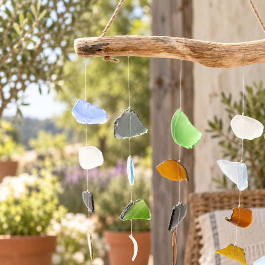 Gros plan sur les éclats de verre recyclé multicolores du carillon, teintes ambre, gris fumé, vert et bleu