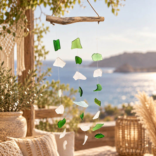 Carillon à vent en éclats de verre recyclé vert et blanc suspendus à une branche de bois flotté