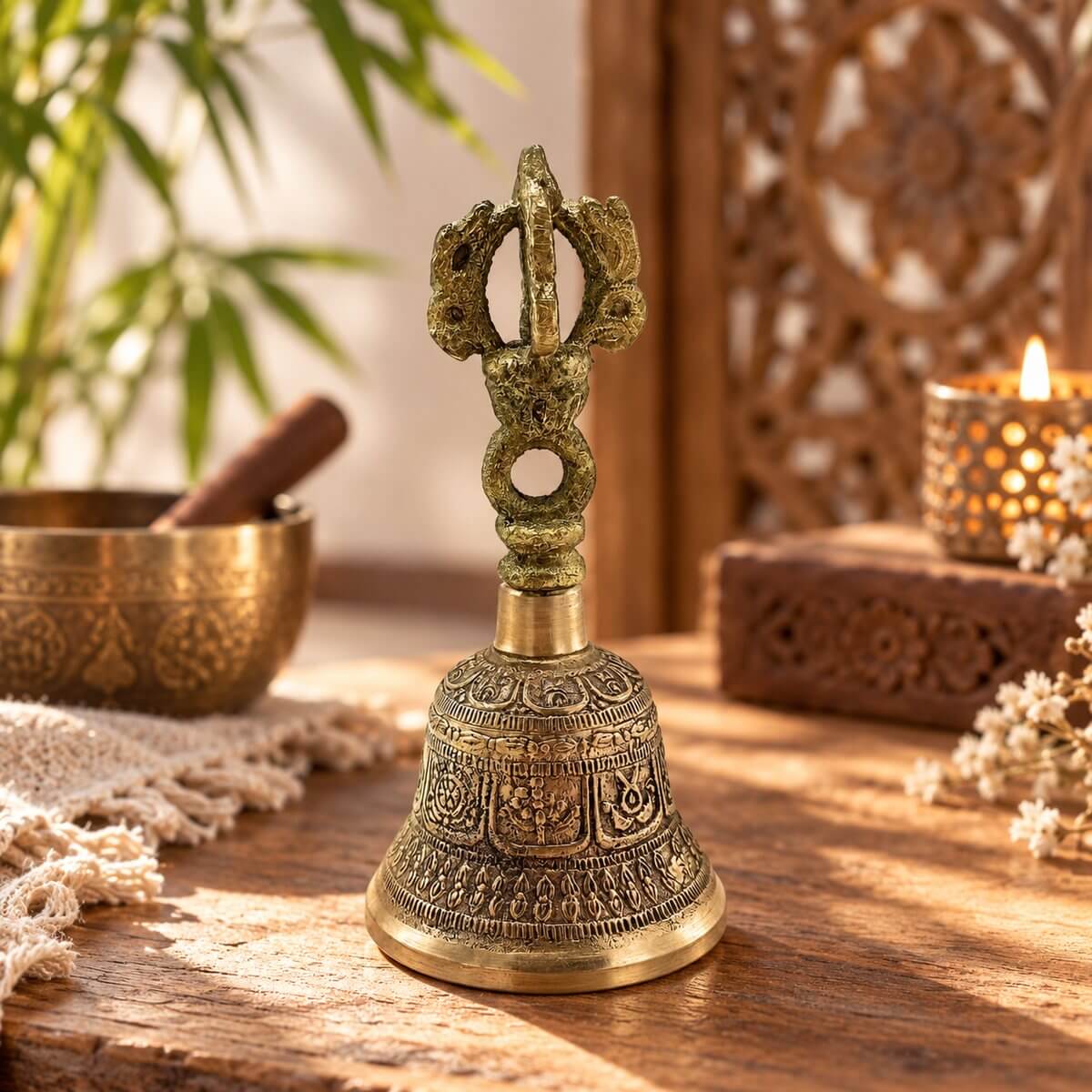 Petite cloche tibétaine en laiton à poignée en forme de vajra, posée sur une table en bois près d’un bol chantant et d’une bougie