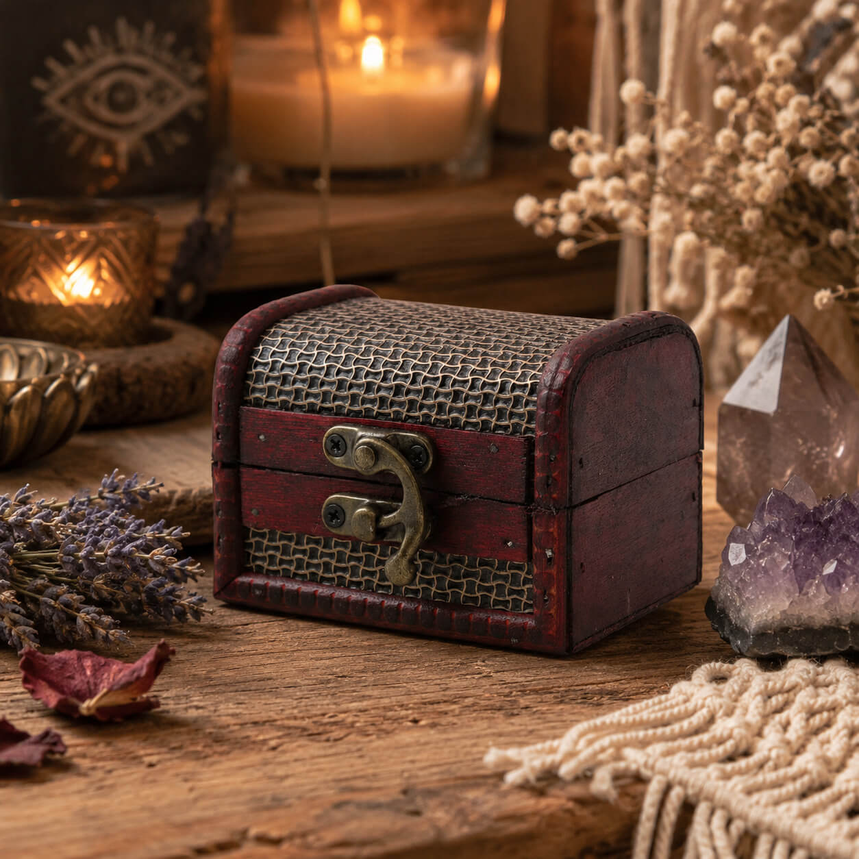 Petit coffre colonial bordeaux avec motif tressé façon vannerie et fermoir en laiton.