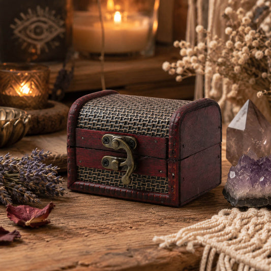 Petit coffre colonial bordeaux avec motif tressé façon vannerie et fermoir en laiton.