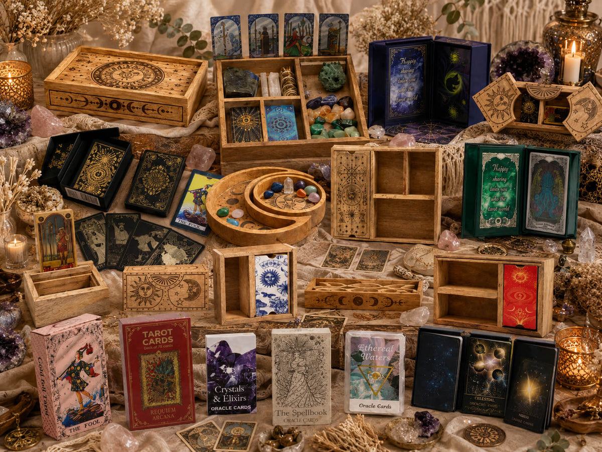 Collection tarot et oracle Art du Tibet, boîtes en bois gravées, plateaux et jeux de cartes variés