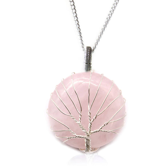 Beau Collier Arbre de Vie en Quartz Rose