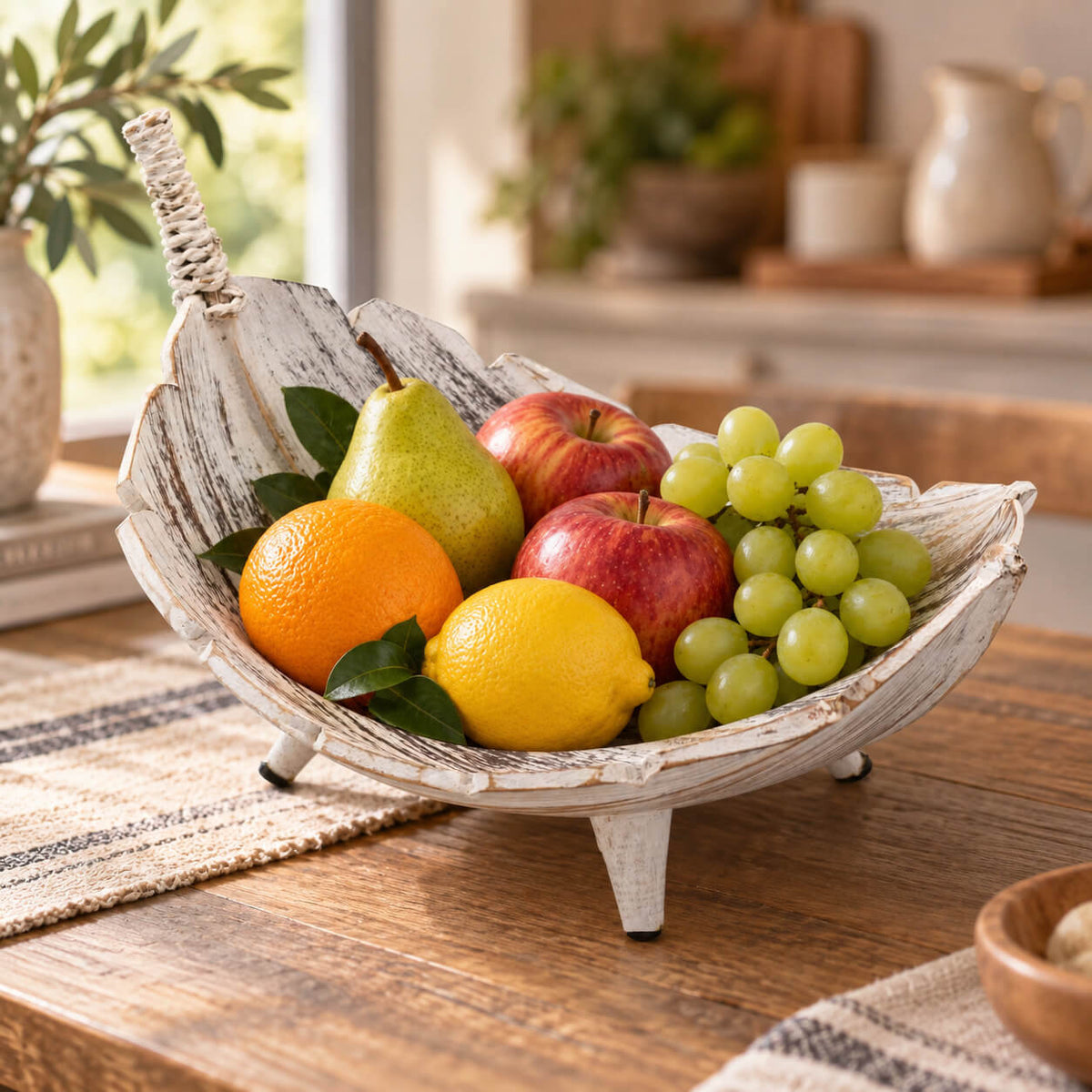 Coupe à fruits blanchie en forme de feuille garnie d'oranges, pommes, poire et raisins