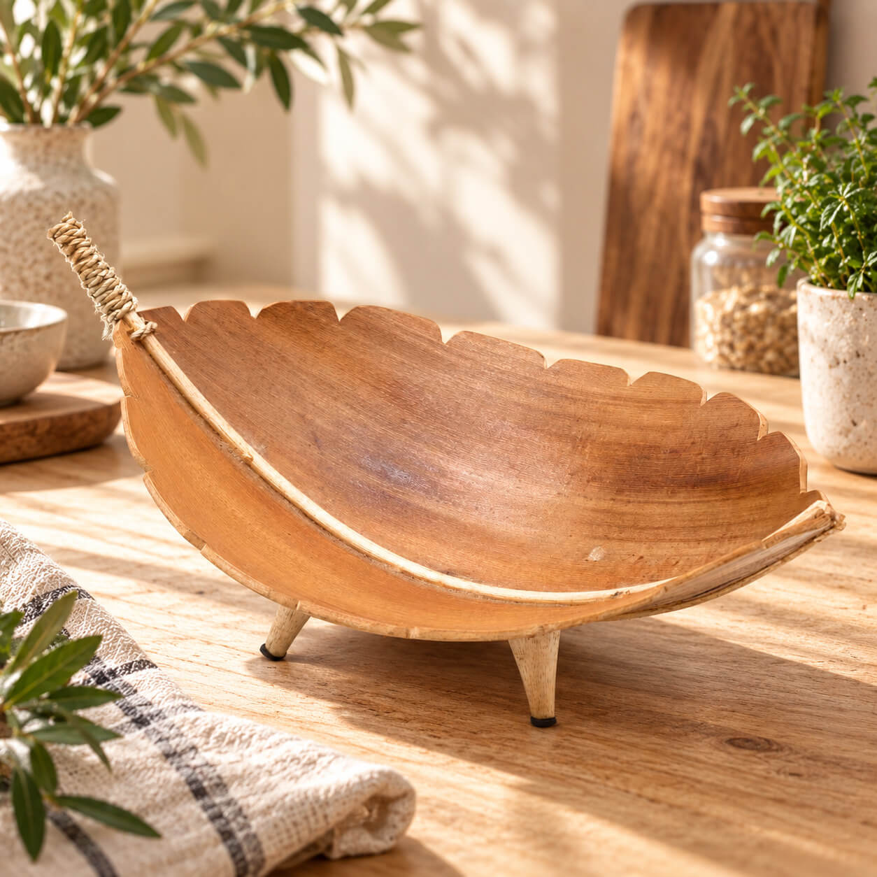 Coupe à fruits en forme de feuille, tressée en feuille de coco et rotin, posée sur une table en bois