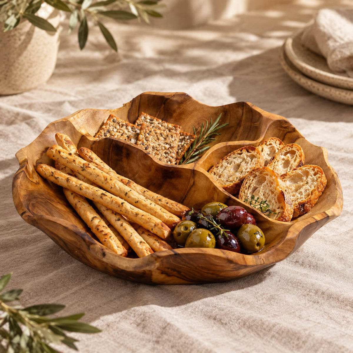 Coupe en bois de teck à trois compartiments garnie de pain, crackers et olives