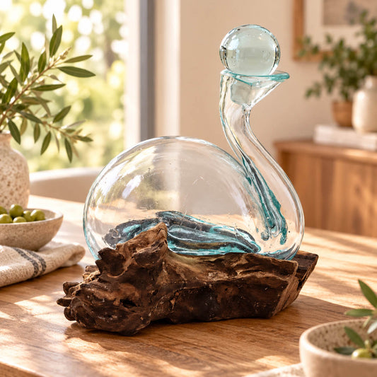 Décanteur en verre soufflé en forme de canard, posé sur un socle en bois brut