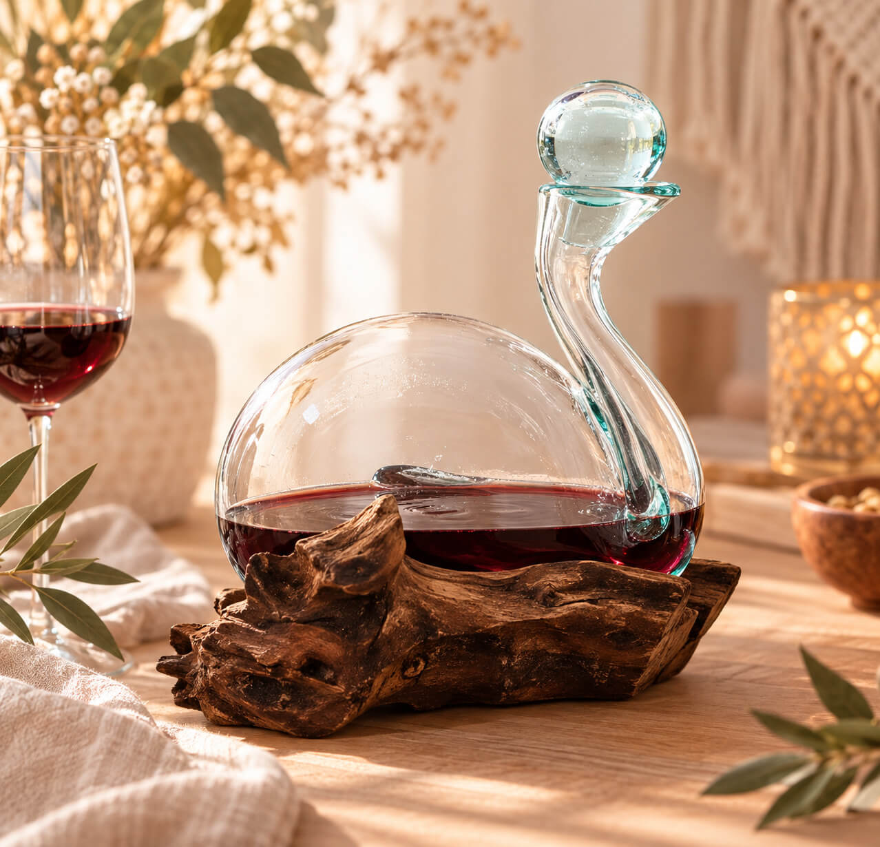 Décanteur en verre soufflé en forme de canard rempli de vin rouge, posé sur un socle en bois