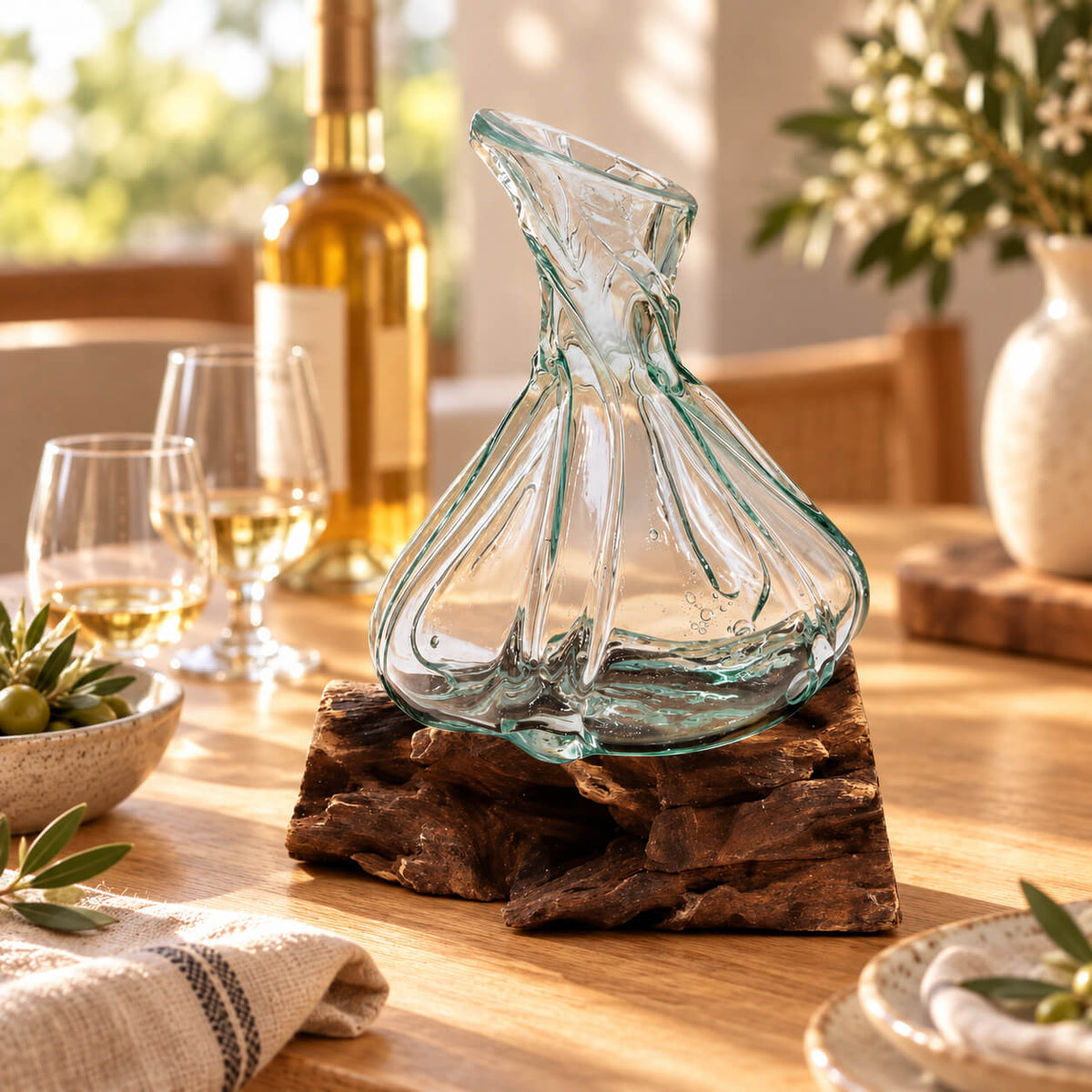 Décanteur sculptural en verre soufflé de 24 cm, posé sur un socle en bois près de verres de vin blanc