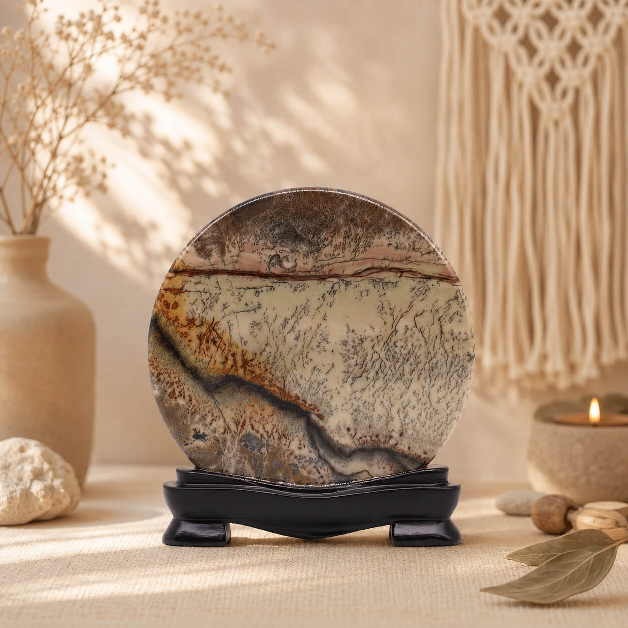 Disque de pierre Guohua avec ligne d'horizon marquée et motifs fins ramifiés