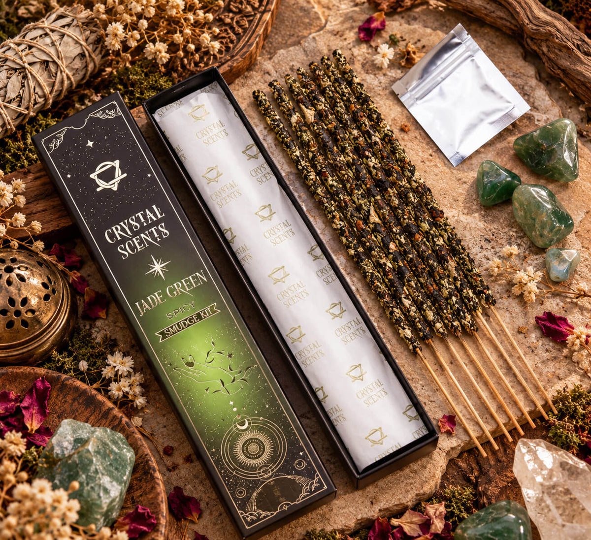 Étui ouvert d'encens aux épices, bâtonnets vert foncé sur tiges de bambou naturel, éclats de pierre verte et leur sachet