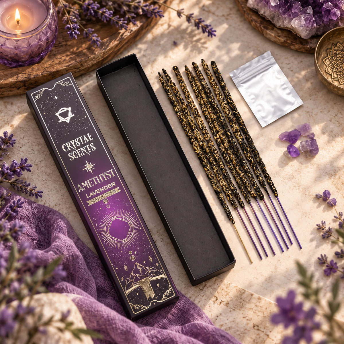 Étui ouvert de bâtonnets d'encens à la lavande à tige violette, à côté d'un sachet et d'éclats d'améthyste