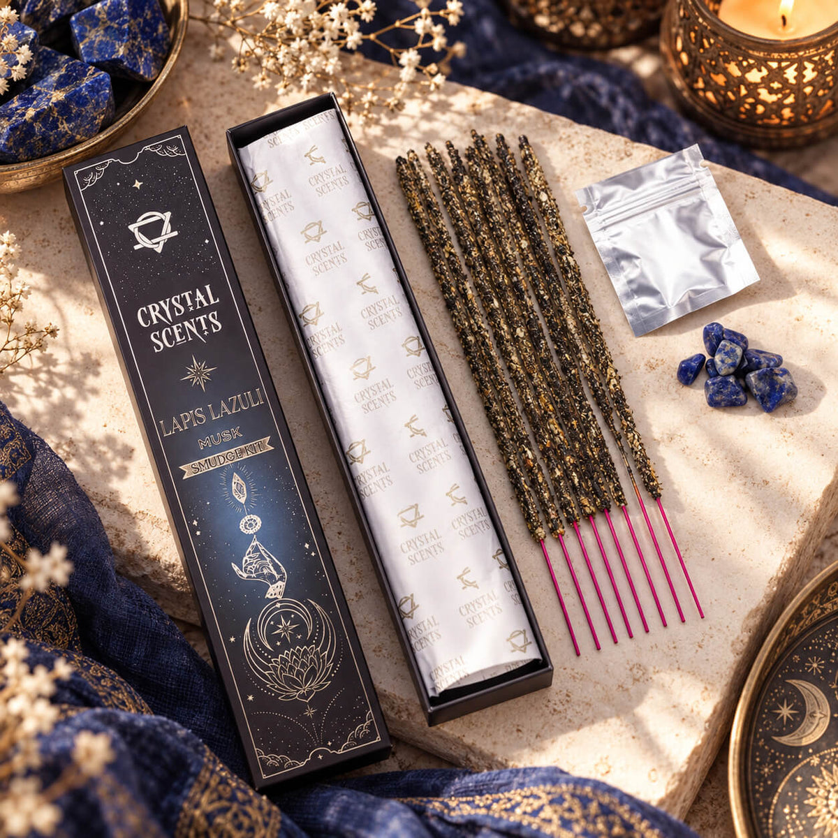Étui ouvert de bâtonnets d'encens au musc à tige rose, avec un sachet et des éclats de lapis lazuli bleus pailletés d'or