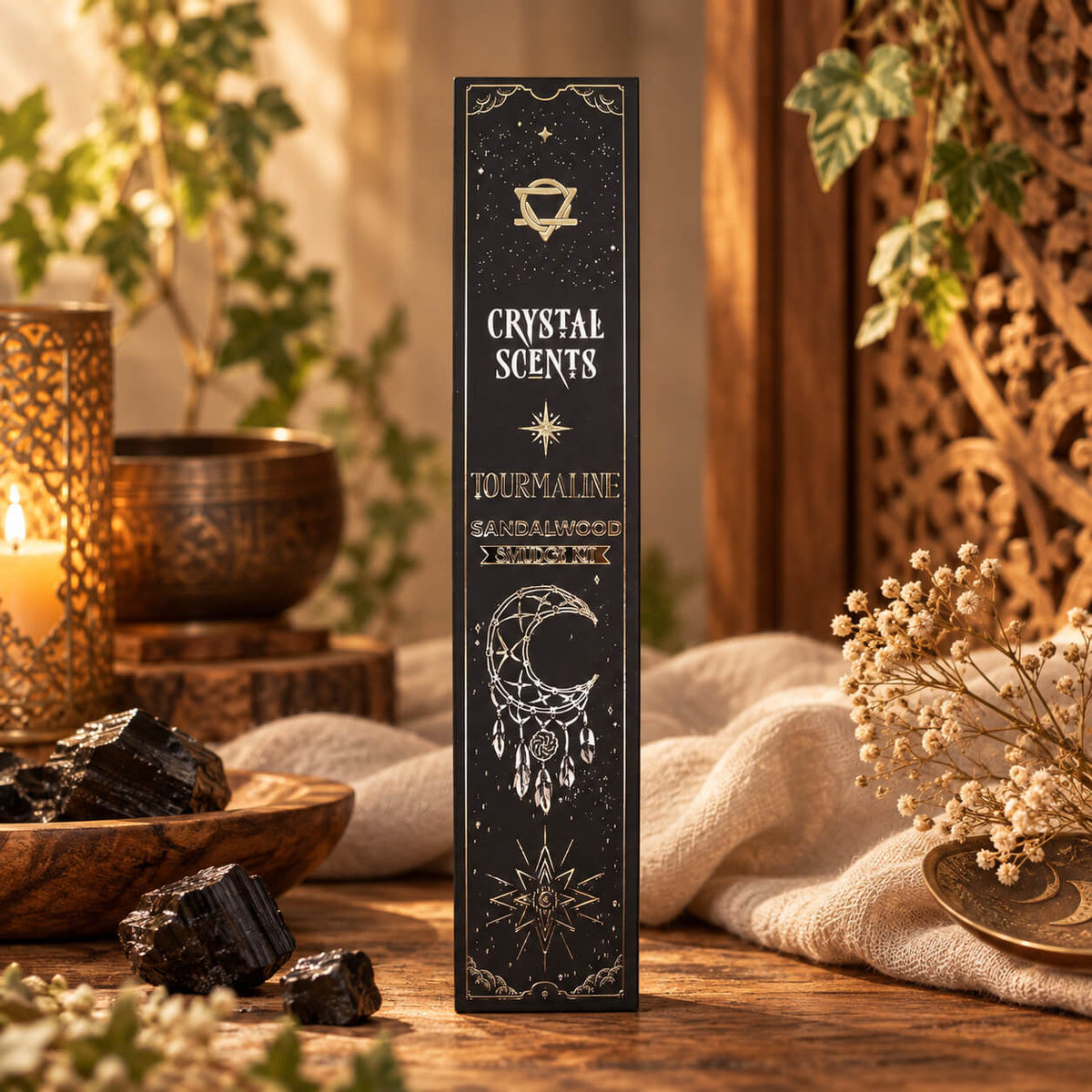 Étui noir à motifs dorés de lune et d'étoiles contenant des bâtonnets d'encens au santal, posé près de blocs de tourmaline noire brute