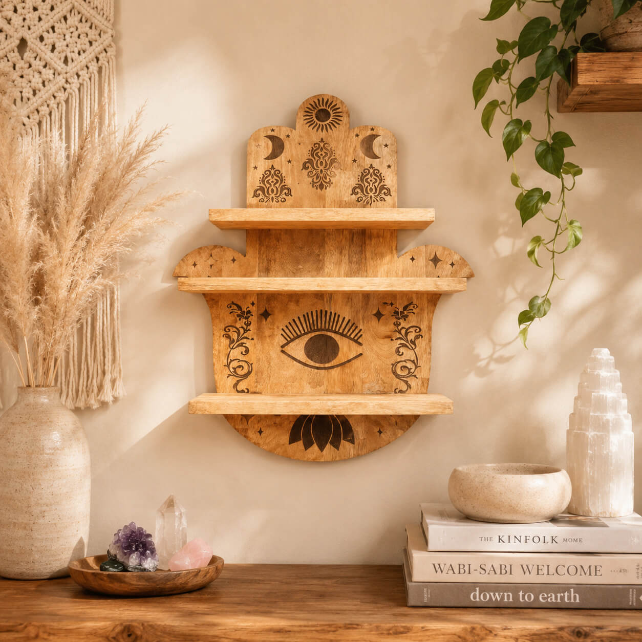 Vue de face de l'étagère Hamsa Main de Fatma en bois de manguier avec gravures œil protecteur et fleur de lotus.