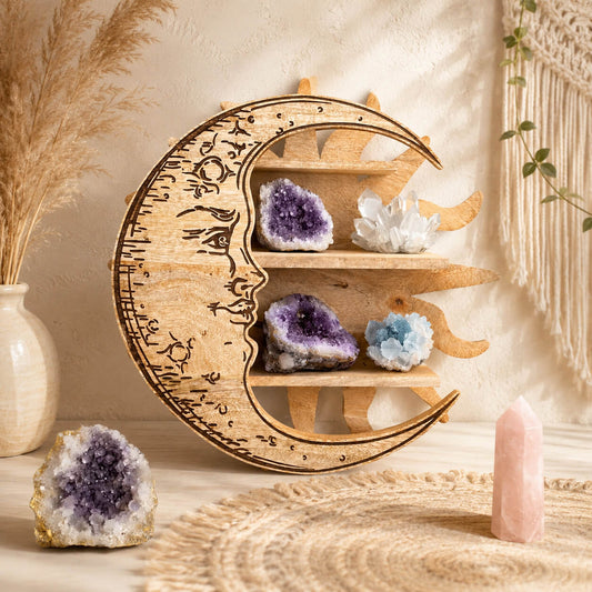 Étagère murale croissant de lune et rayons de soleil en bois de manguier gravé avec géodes améthyste et quartz bleu.