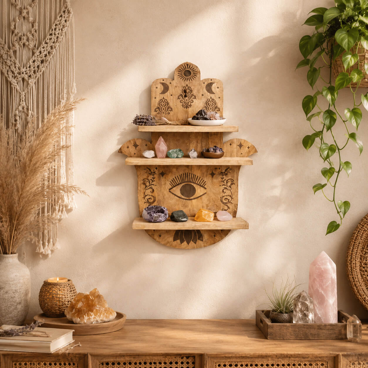 Étagère murale Main de Fatma Hamsa en bois de manguier avec cristaux améthyste quartz rose et lavande disposés.