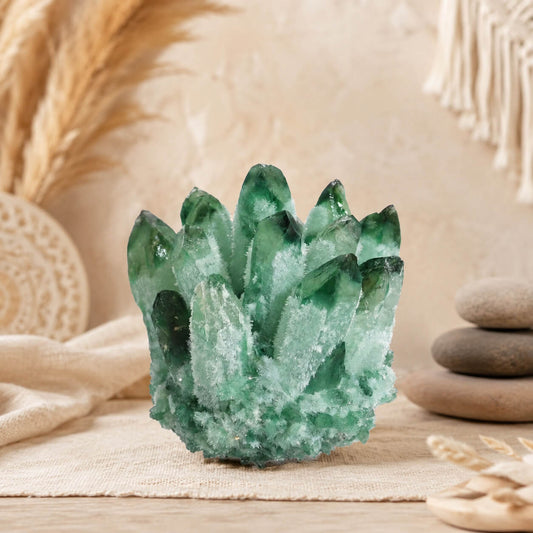 Grappe de quartz fantôme vert aux pointes striées posée sur table claire