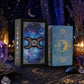 Dos de carte du jeu de tarot Face de Lune, mandala bleu et or à motif lunaire