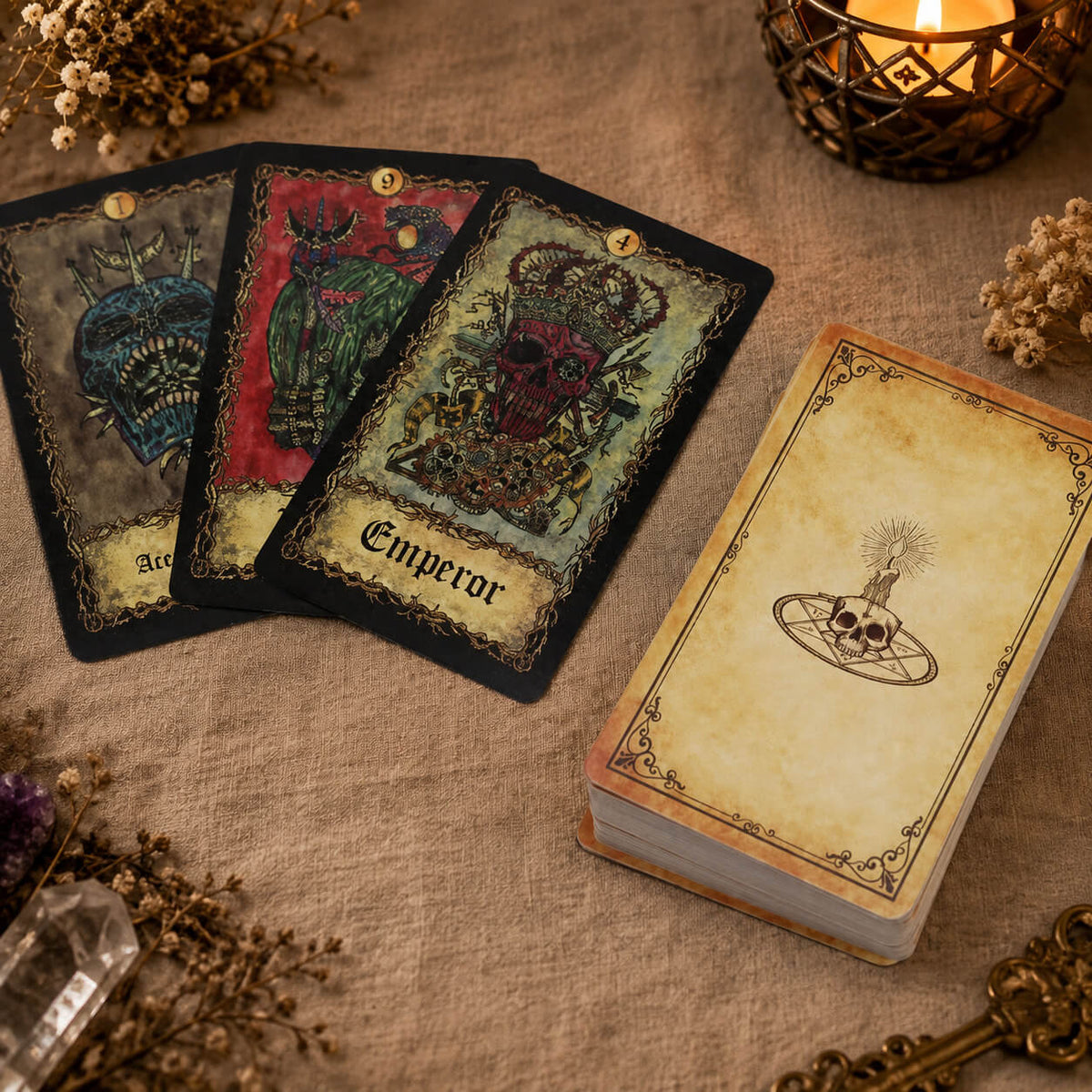 Cartes du jeu de tarot gothique avec dos façon parchemin, crâne et bougie sur pentagramme