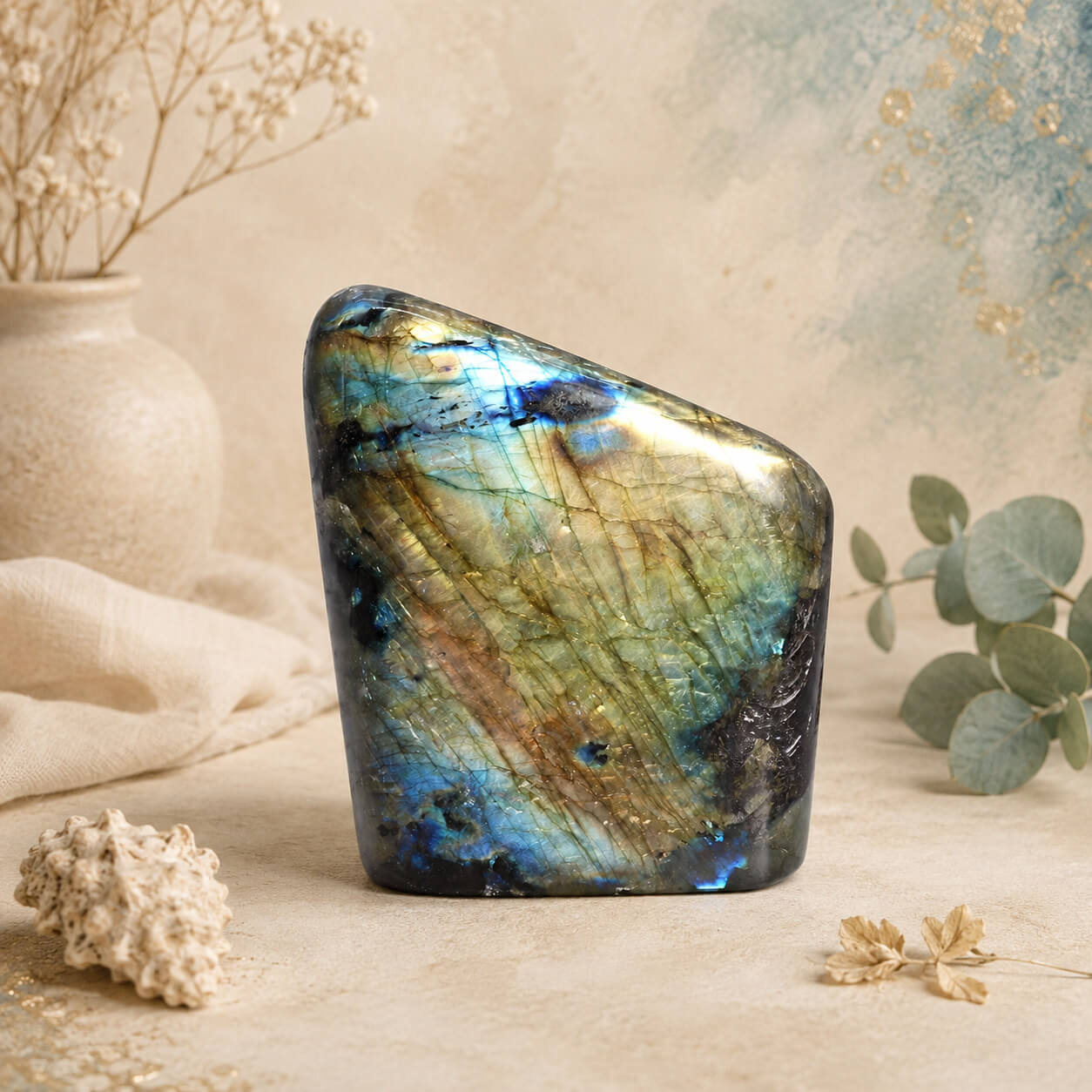 Labradorite naturelle polie aux reflets bleus et dorés posée sur table