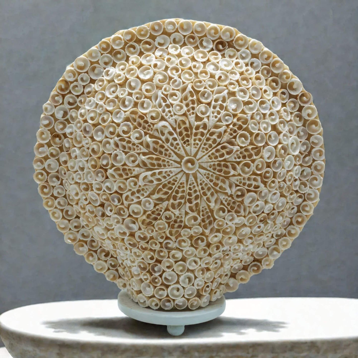 Détail du mandala de coquillages marins de la lampe boho avec rosace centrale en éventail.