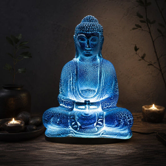 Lampe Bouddha bleu ciel craquelée allumée dans une ambiance zen aux bougies.